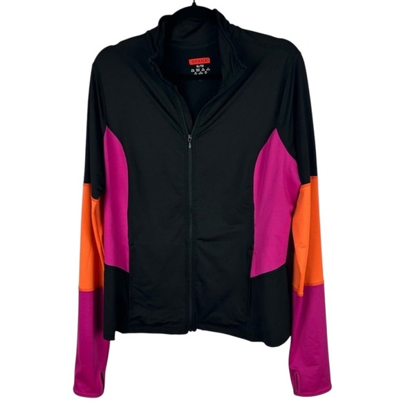 Spanx Mod Bod Black Neon Pink Orange Colorblock Full Zipped Jacket Size XL - Picture 1 of 9